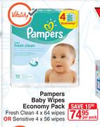 Pampers Baby Wipes Economy Pack Fresh Clean 4x64 Wipes Or Sensitive 4x56 Wipes-Per Pack
