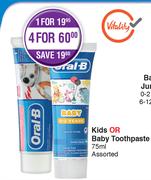 Oral-B Kids Or Baby Toothpaste Assorted-4 x 75ml
