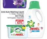 Ariel Auto Washing Liquid Assorted-1.1Ltr/Ariel 3 In 1 Pods 14/15 Pack Assorted-Each