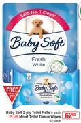 Baby Soft 2 Ply Toilet Rolls 9 Pack Plus Moist Toilet Tissue Wipes 42 Pack
