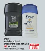 Dove Anti-Perspirant Deodorant Stick For Men Or Women-40ml/50mlEach