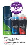 Status Deodorant Body Spray-130ml Plus Anti-Perspirant Roll-on 50ml-For Both