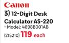 Canon 12-Digit Desk Calculator AS-220 215210-Each