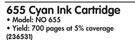 HP 655 Cyan Ink Cartridge NO 655-Each