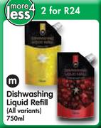 M Dishwashing Liquid Refill(All Variants)-2x750Ml