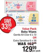 Johnson's Baby Wipes (Gentle All Over 6 x 72 Or Extra Sensitive 6 x 56)-Per Pack
