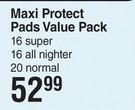 Kotex Maxi Protect Pads Value Pack 16 Super, 16 All Nighter, 20 Normal