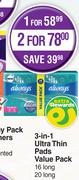 Always 3 In 1 Ultra Thin Pads Value Pack 16 Long, 20 Long-For 2