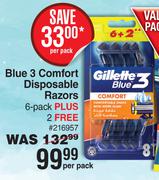 Gillette Blue 3 Comfort Disposable Razors 6 Pack Plus 2 Free-Per pack 