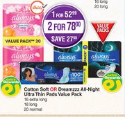 Always Cotton Soft Or Dreamzzz All Night Ultra Thin Pads Value Pack-For 1