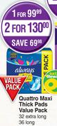 Always Quattro Maxi Thick Pads Value Pack 32 Extra Long, 36 Long-For 2