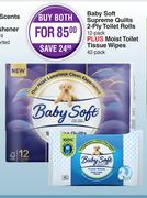 Baby Soft Supreme Quilts 2 Ply Toilet Rolls 12 Pack Plus Moist Toilet Tissue Wipes 42 Pack-Both For