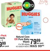Huggies Natural Care Or Pure Baby Wipes 4 x 56 Wipes-Per Pack