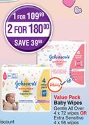 Johnsons Value Pack Baby Wipes Gentle All Over 4 x 72 Wipes Or Extra Sensitive 4 x 56 Wipes-For 1