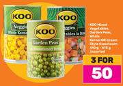 Koo Mixed Vegetables, Garden Peas, Whole Kernel Or Cream Style Sweetcorn Assorted-For 3 x 410g-415g