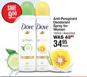 Dove Anti Perspirant Deodorant Spray For Women Assorted-150ml Each