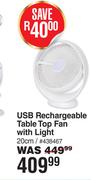 Home Quip USB Rechargeable Table Top Fan With Light 20cm