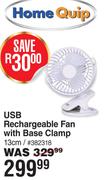 Home Quip USB Rechargeable Fan With Base Clamp 13cm