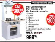 Doll Central Wooden Play Kitchen With Cookware Accessories (12 Piece)