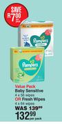 Pampers Value Pack Baby Sensitive 4 x 56 Wipes Or Fresh Wipes 4 x 64 Wipes-Per Pack