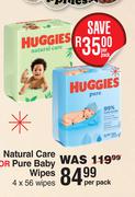 Huggies Natural Care Or Pure Baby Wipes 4 x 56 Wipes-Per Pack