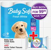 Baby Soft Toilet Rolls 9 Pack & Moist Toilet Tissues 42 Wipes-Both For