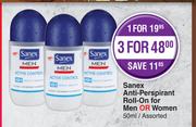 Sanex Anti-Perspirant Roll-On For Men Or Women Assorted-For 3 x 50ml