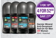 Garnier Mineral Anti Perspirant Roll On For Men or Women Assorted-For 1 x 50ml