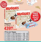 Huggies Extra Care Nappies 2 x Sizes 1-5-Per 2 Pack