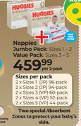 Huggies Nappies Jumbo Pack (Sizes 1-2) Value Pack (Sizes 3-5)-Per 2 Pack