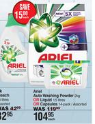 Ariel Auto Washing Powder 2Kg Or Liquid 1.5L Or Capsules 14 Pack Assorted-Each