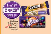 Cadbury 5 Star 48.5g Or P.S 48g Or Astros 40g Assorted-For 1