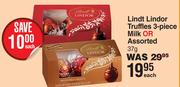 Lindt Lindor Truffles 3 Piece Milk Or Assorted-37g Each