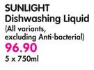 Sunlight Dishwashing Liquid(All Variants, Excluding Anti-Bacterial)-5x750ml