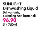 Sunlight Dishwashing Liquid(All Variants, Excluding Anti-Bacterial)-5 x 750ml