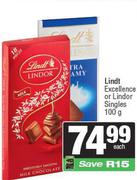 Lindt Excellence Or Lindor Singles-100g Each