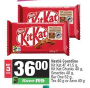 Nestle Countline Kitkat 4F 41.5g,Kitkat Chunky 40g,Smarties 40g,Barone 52g,Tex 40g Or Aero 40g-For 3