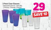 3 Pack Clear Glasses Assorted Colours-Per Set