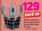 16 Piece Stainless Steel Cutlery Set In Basket With Black Handles-Per Set