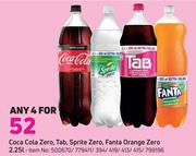 Coca Cola Zero, Tab, Sprite Zero, Fanta Orange Zero 2.25Ltr-For Any 4
