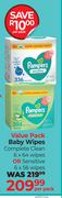 Pampers  Value Pack Baby Wipes Complete Clean 6 x 64 Wipes Or Sensitive 6 x 56 Wipes-Per Pack