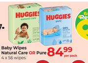 Huggies Baby Wipes Natural Care Or Pure 4 x 56 Wipes-Per Pack