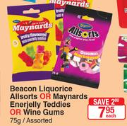 Beacon Liquorice Allsorts Or Maynards Enerjelly Teddies Oe Wine Gums-75g Each
