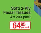 Softi 2-Ply Facila Tissues 4x200 Pack-Per Pack