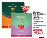 Mitchum Anti Perspirant Roll-On Value Pack For Men Or Women Sport Or Shower Fresh-2 x 50ml