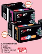Kotex Maxi Pads 8 Super,8 All Nighter,10 Young Normal,10 Normal-Per Pack