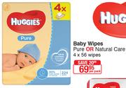 Huggies Baby Wipes Pure Or Natural Care 4 x 56 Wipes-Per Pack