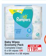 Pampers Baby Wipes Economy Pack Complete Clean 6 x 64 Wipes Or Sensitive 4 x 56 Wipes-Per Pack