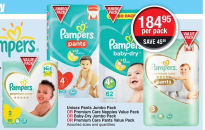 Pampers Unisex Pants Jumbo Pack Or Premium Care Nappies Value Pack Or Baby Dry Jumbo Pack -Per Pack
