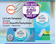 Lil-Lets Tampons 32 Pack + SmartFit Pantyliners 20 Pack Assorted-For Both